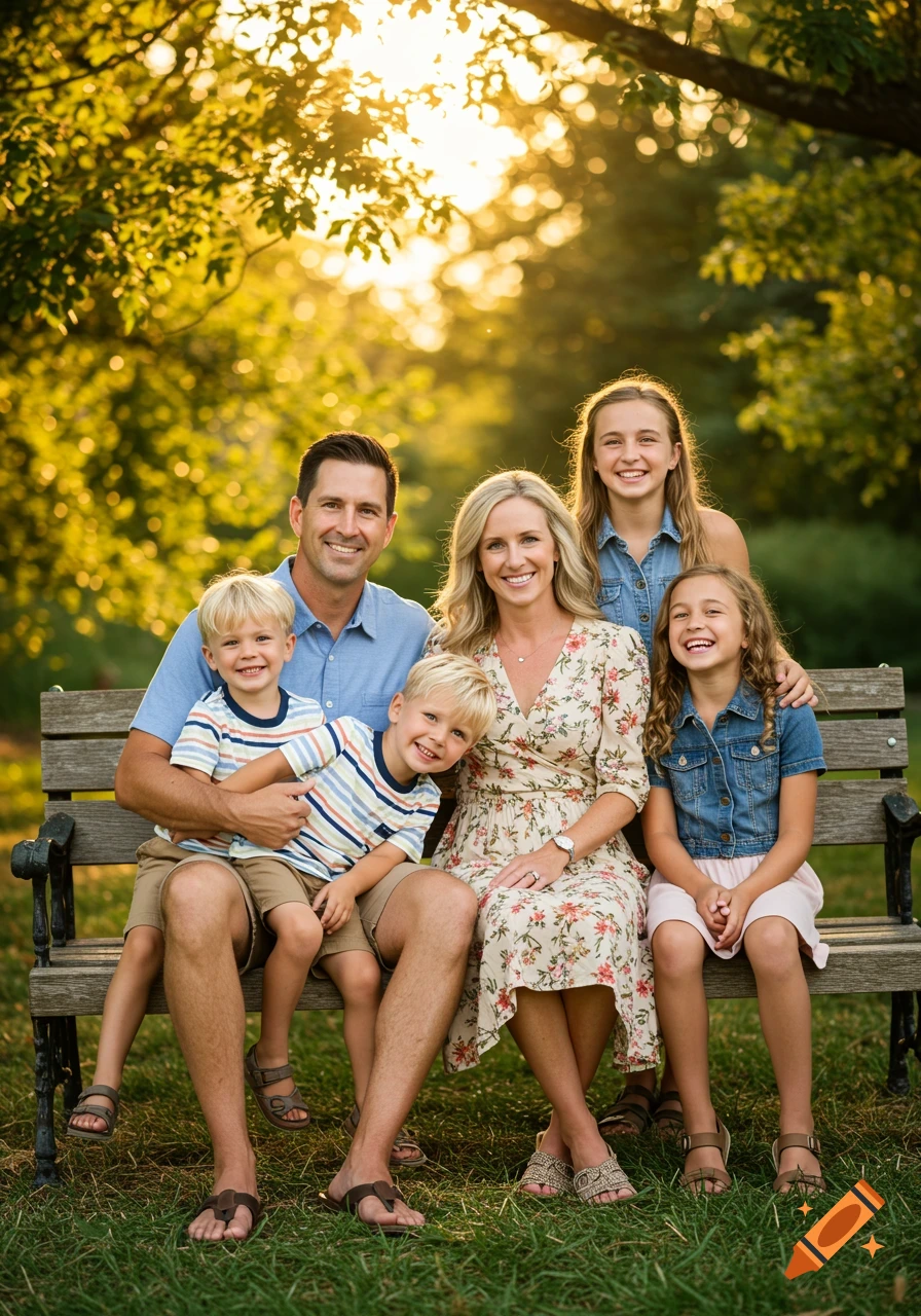 A smiling family of six, with a father, mother, two sons, and two daughters, sits on a park bench bathed in golden hour sunlight.