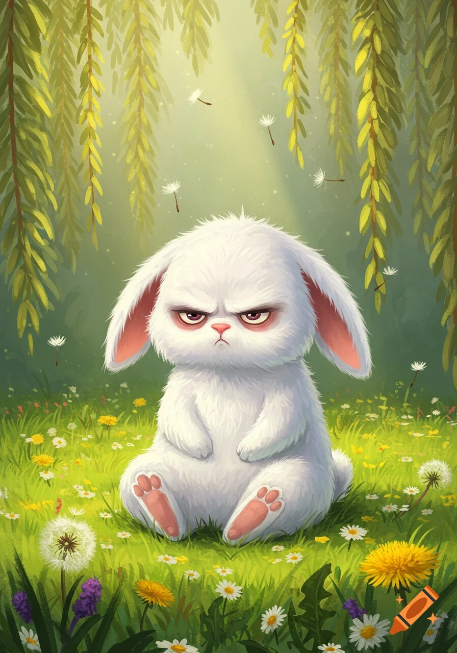 A fluffy white cartoon bunny with a grumpy expression sits in a vibrant field of wildflowers under hanging willow branches.
