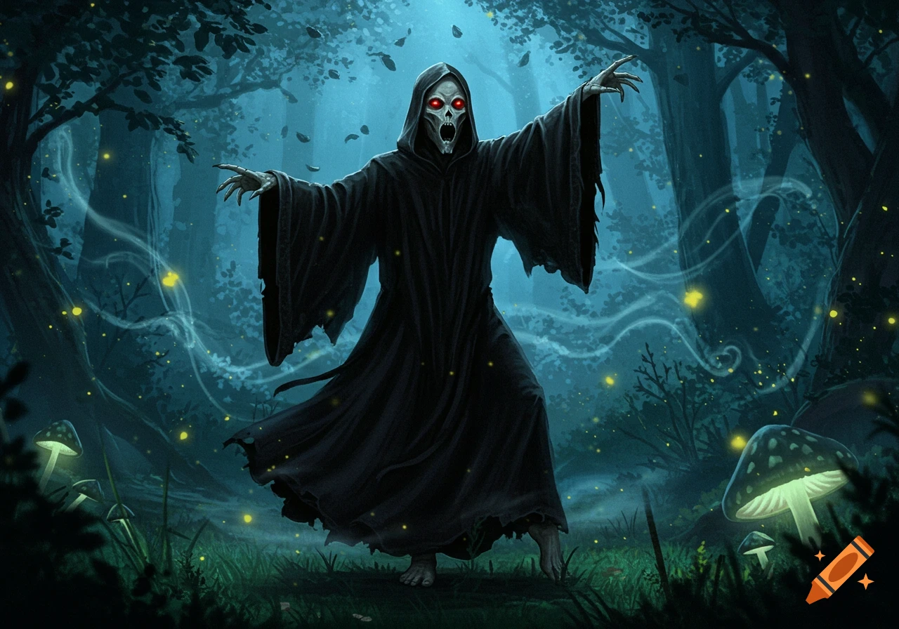 A dark, robed figure with red glowing eyes and an open mouth stands with arms outstretched in a glowing, mystical forest with mushrooms.