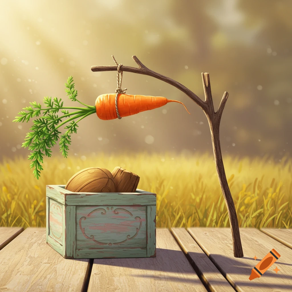 A carrot hangs by twine from a stick over a light blue wooden box on a plank floor, against a blurry golden field in sunlight.