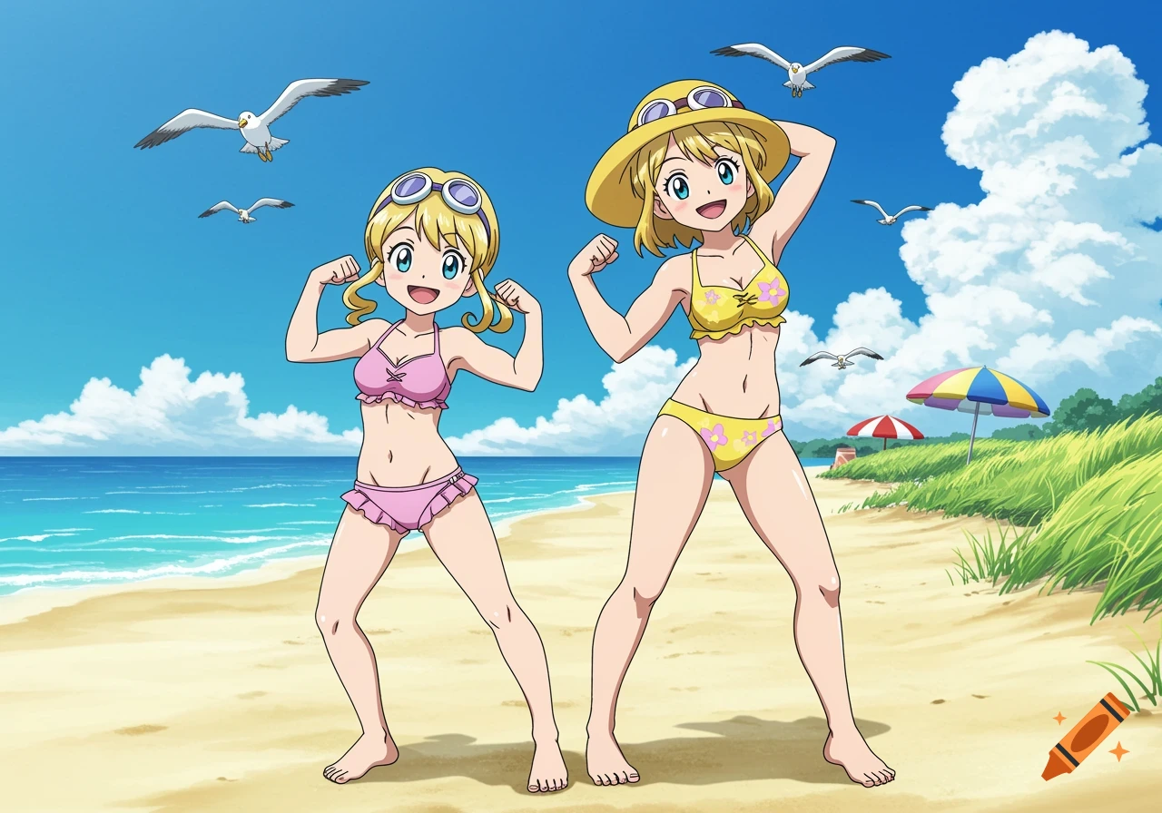 An anime mother and daughter in swimsuits flex their muscles on a sunny beach with seagulls and umbrellas.