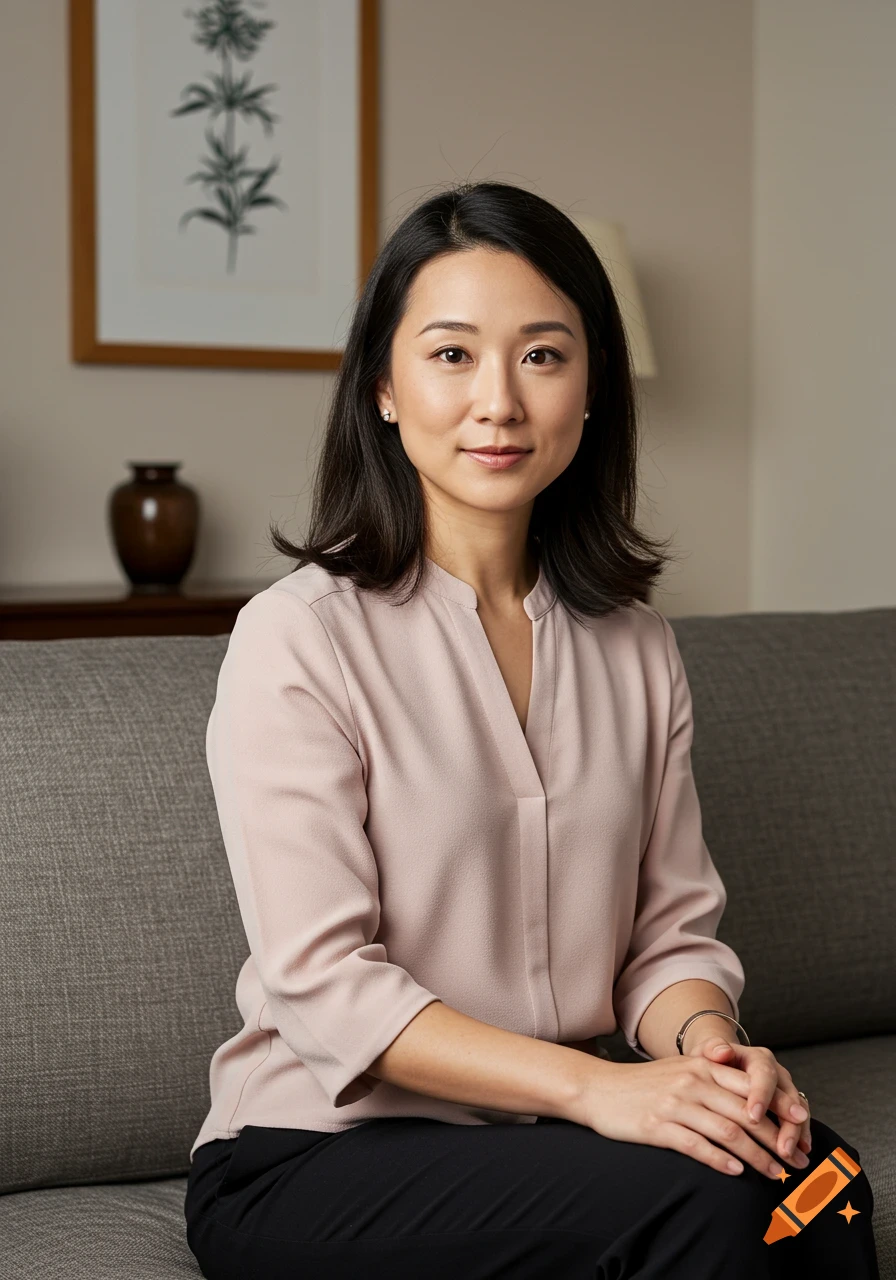 Photorealistic portrait of an Asian woman in a pink blouse, sitting on a gray couch, looking at the camera.