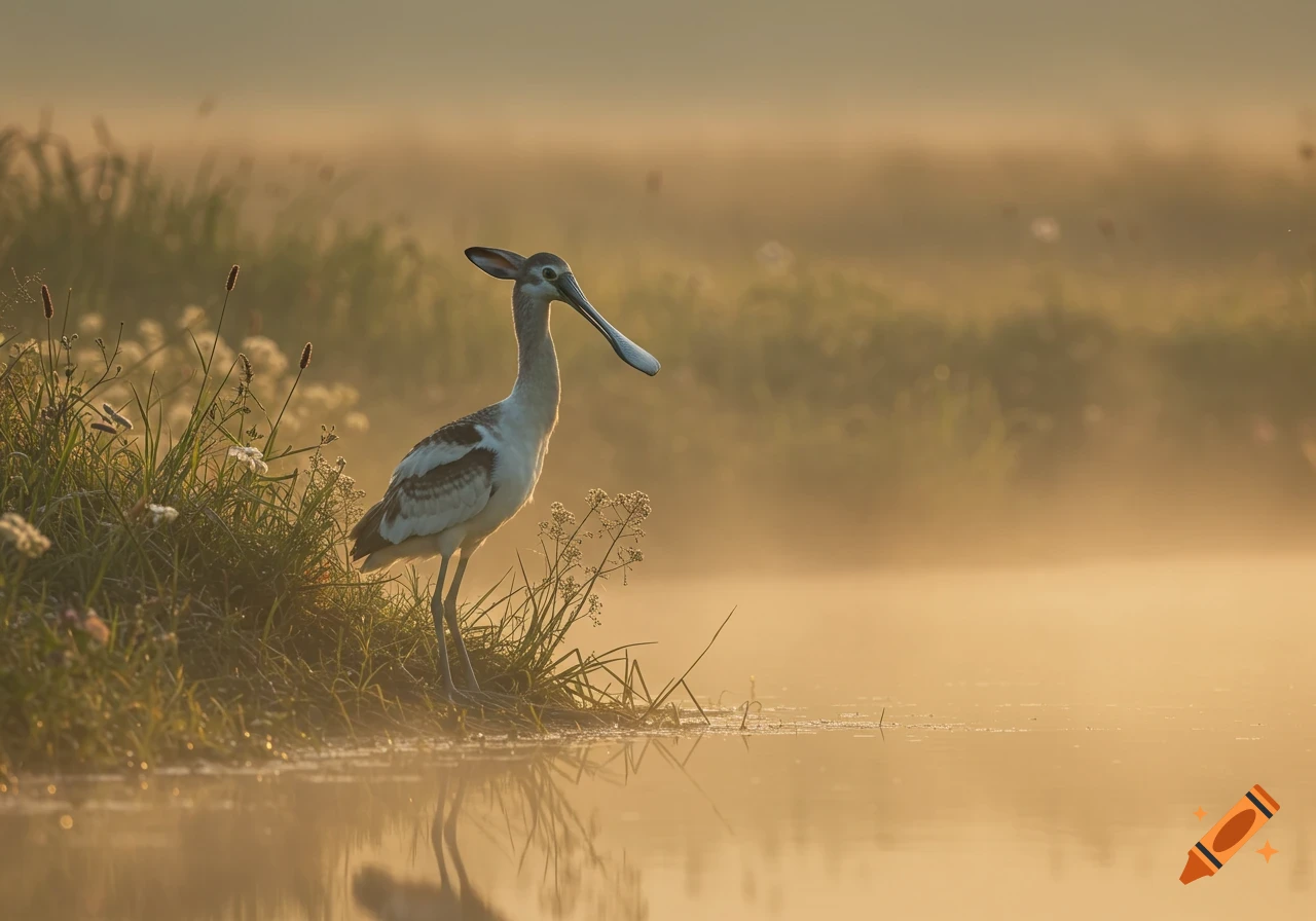 A hybrid bird with long ears and a unique beak stands by a misty, golden water's edge at sunrise, reflecting in the calm water.
