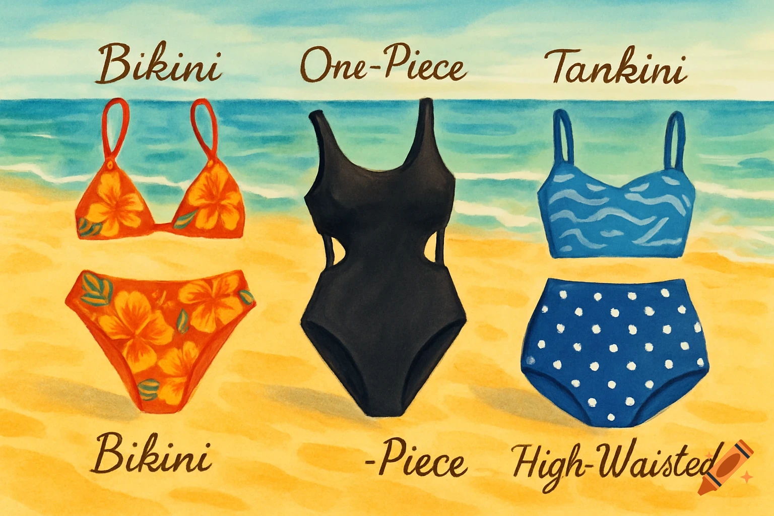 Watercolor illustration of three types of swimwear on a beach: a red floral bikini, a black one-piece, and a blue tankini with high-waisted bottoms.