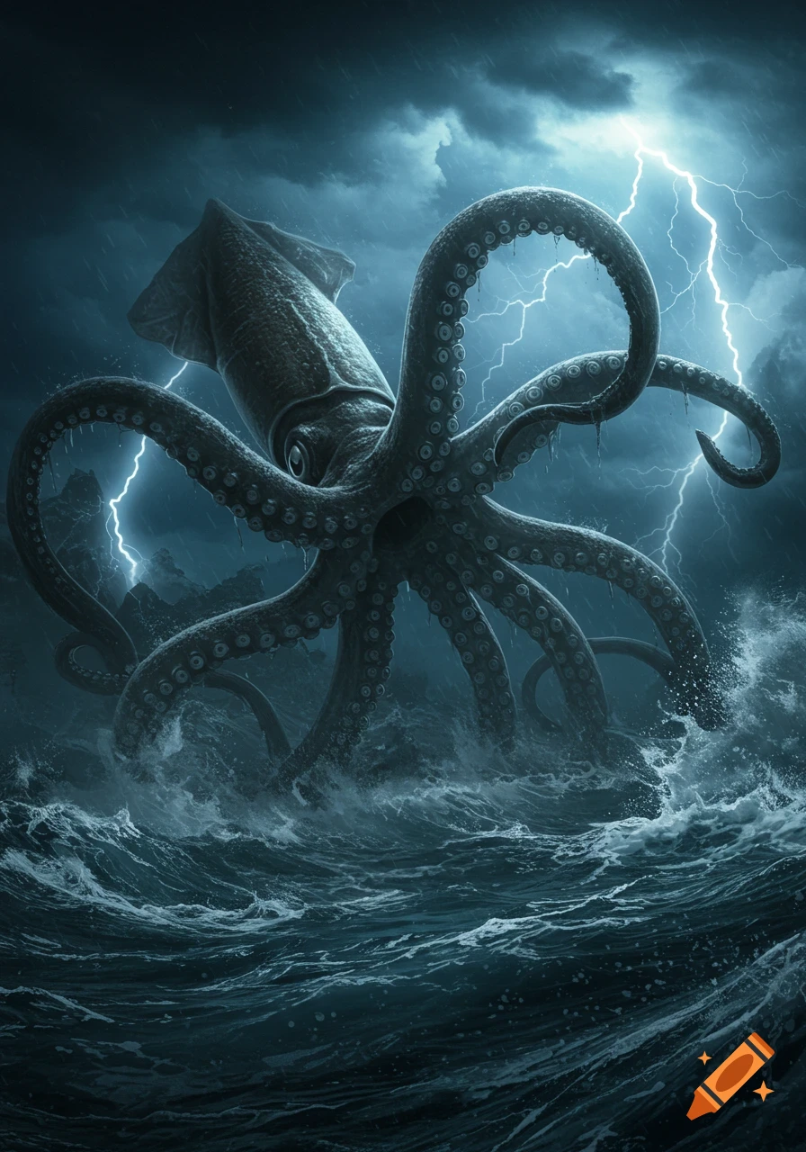 Giant squid rising from a stormy, lightning-filled sea with crashing waves. Dark fantasy art.