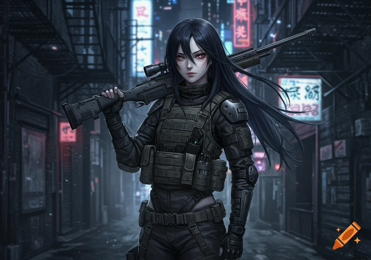 Anime girl in tactical gear with a sniper rifle in a dark cyberpunk alley with neon signs.