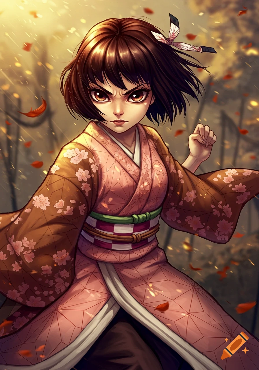 Determined anime girl with short brown hair, wearing a pink and brown kimono with cherry blossoms and a butterfly, ready for action.