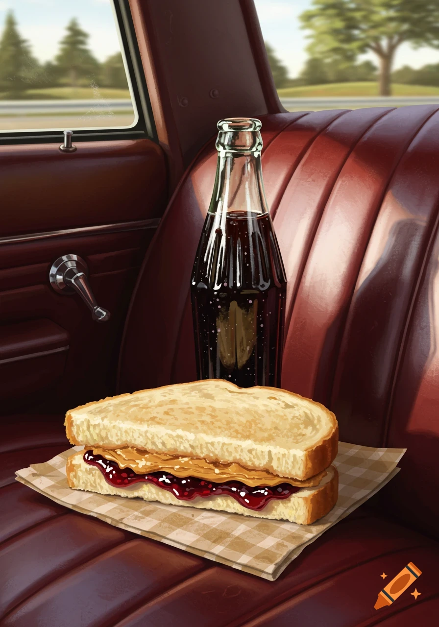 An illustrated peanut butter and jelly sandwich and a soda bottle on a red leather car seat.