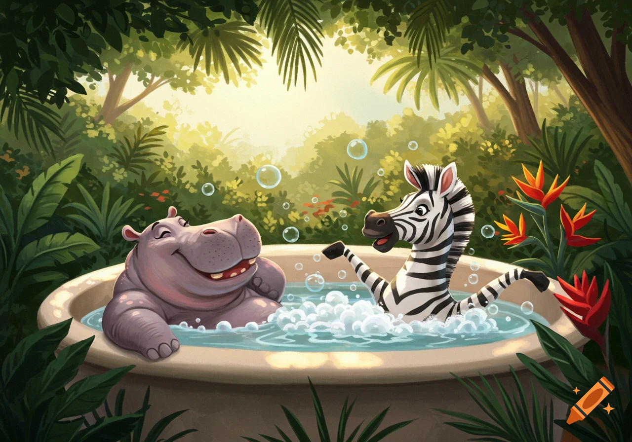 A smiling cartoon hippo and zebra splash in a bubbly hot tub in a lush jungle setting.