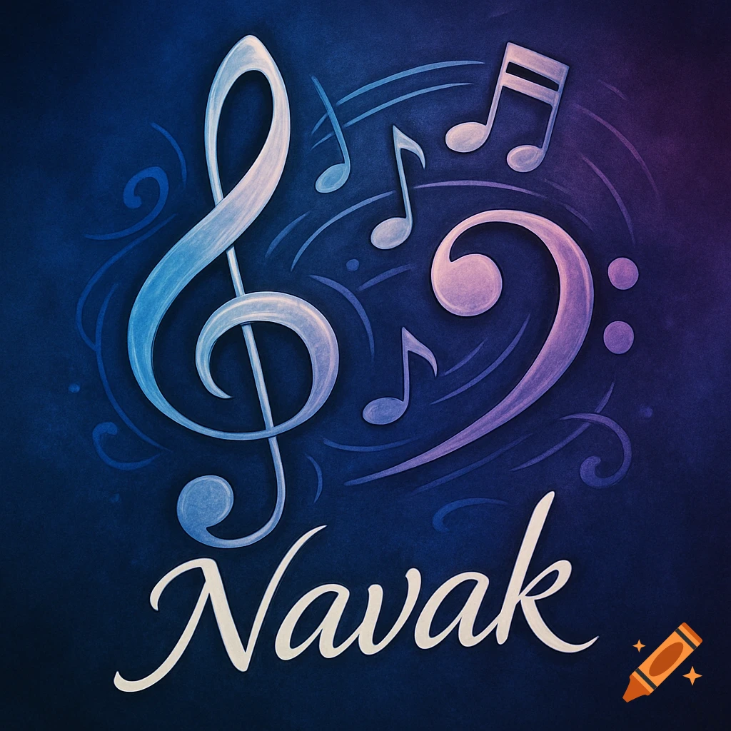 Stylized blue and purple musical notes, treble clef, and bass clef with the word 'Navak' in white script on a dark textured background.