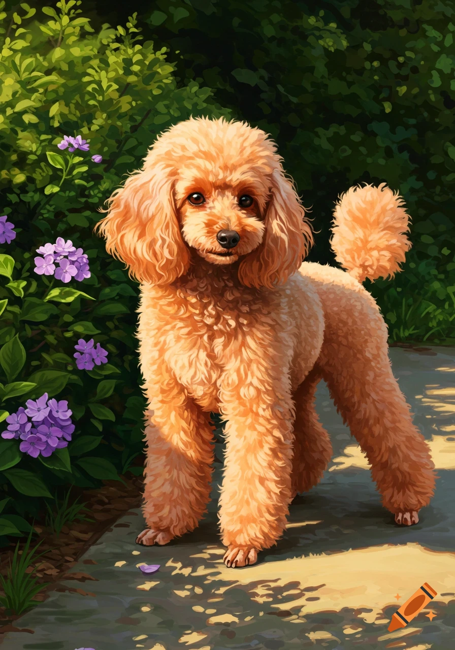 A fluffy peach poodle stands on a sunlit path next to green bushes with purple flowers, in a painterly style.