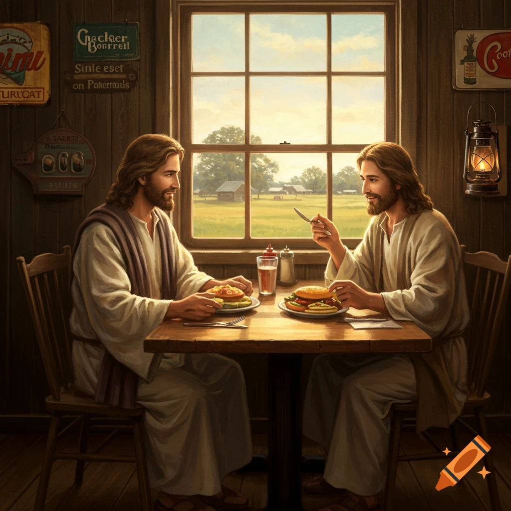 Two figures resembling Jesus, in robes, smiling and eating burgers at a wooden table in a rustic diner with a rural view.