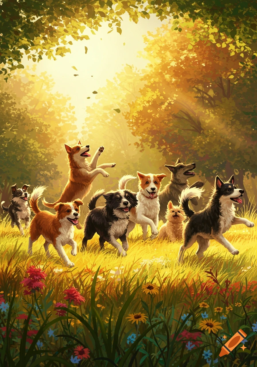 Multiple happy dogs running through a sunlit, grassy field with trees and flowers in a painterly illustration style.