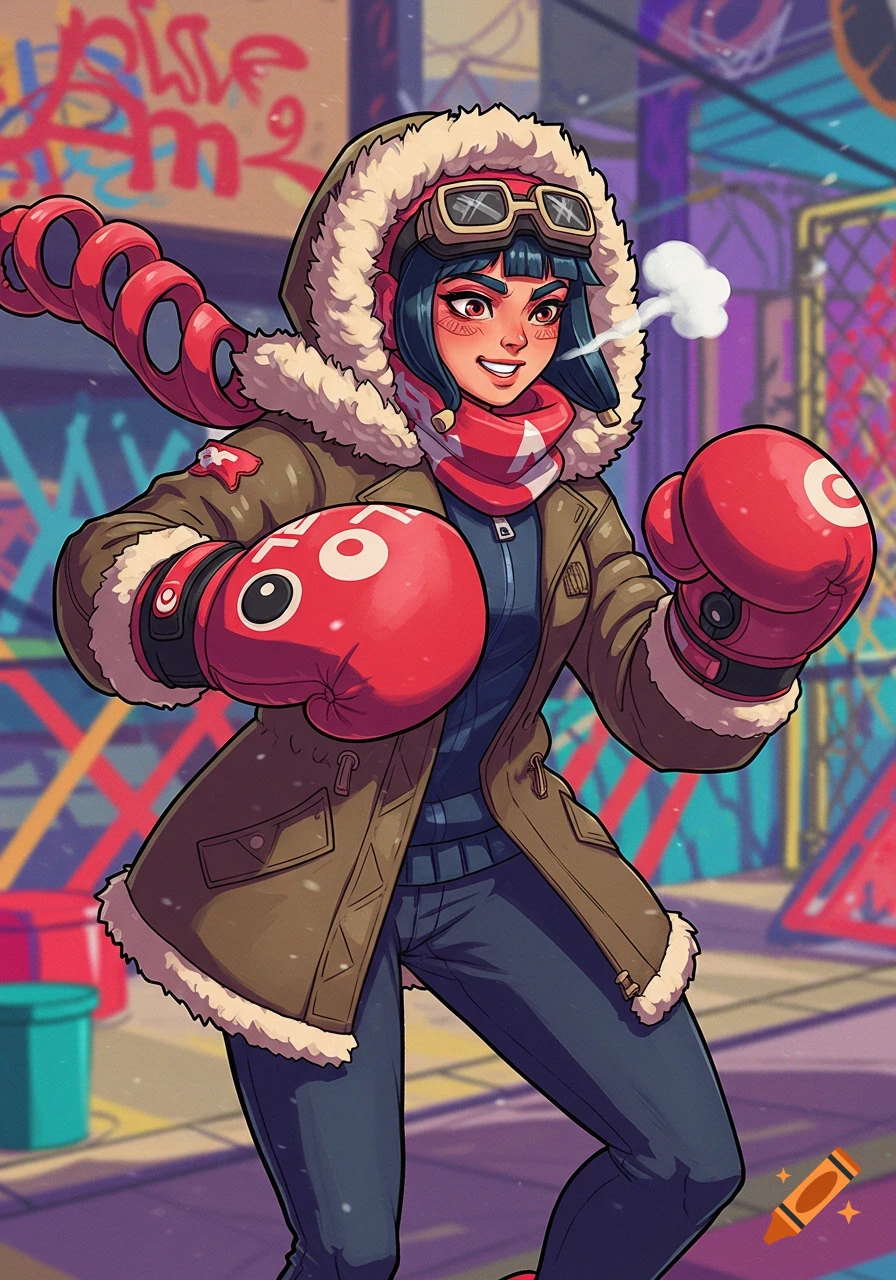 An anime-style woman in a fur-hooded coat, scarf, and red boxing gloves, with a coiled red arm, stands in an urban setting with graffiti.