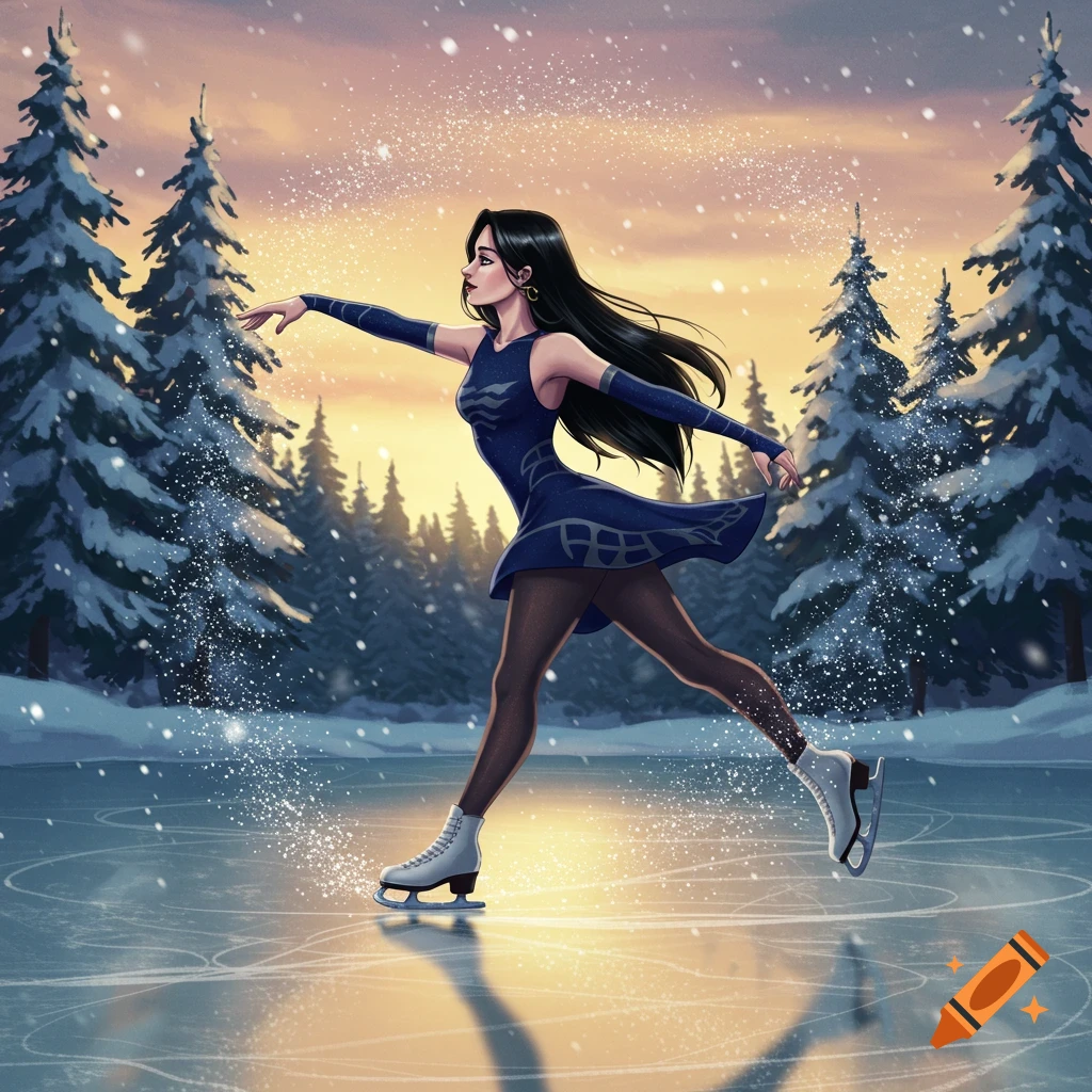 An anime-style woman with long dark hair ice skating on a frozen lake in a snowy pine forest at sunset.