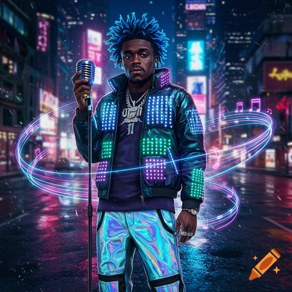 A man with bright blue dreadlocks, wearing a glowing LED jacket and holographic pants, holds a microphone in a neon-lit cyberpunk city.
