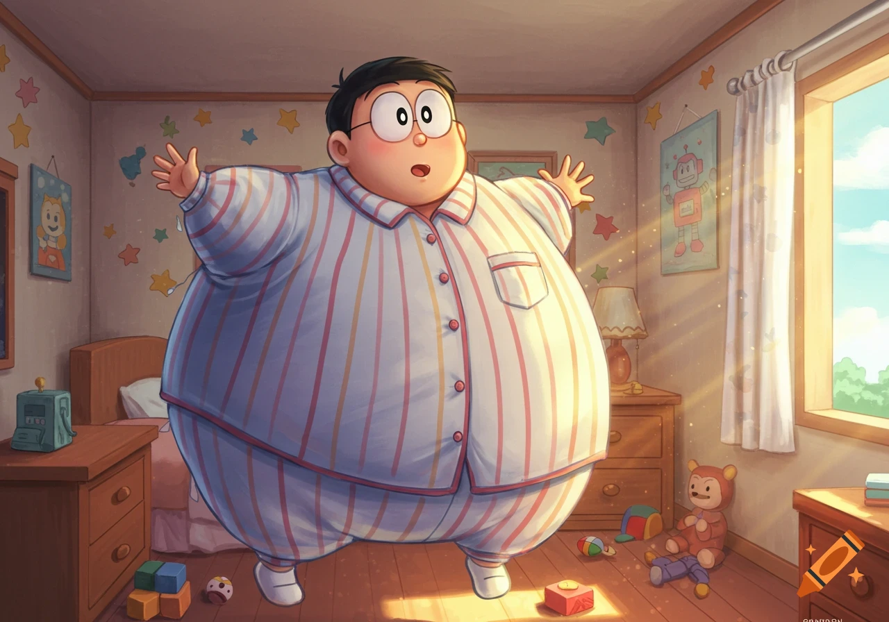 An obese Nobita from Doraemon stands in his bedroom, looking surprised, wearing striped pajamas with arms outstretched.