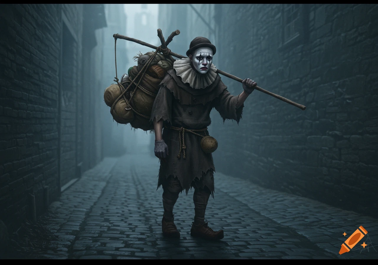 A sad mime-like figure in tattered clothes carries a large bundle on a staff through a dark, cobblestone alley.