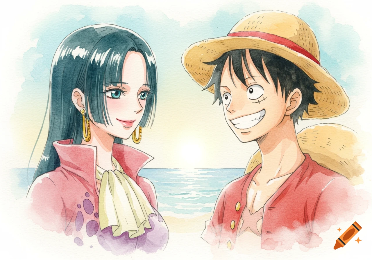 Watercolor painting of anime characters Luffy and Hancock looking at each other on a beach at sunset.