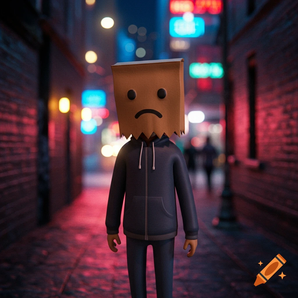 3D rendered character with a sad paper bag head and hoodie walks in a neon-lit urban alley at night.