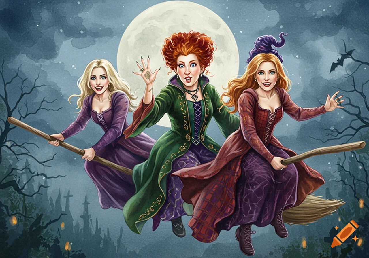 A watercolor painting of the three Sanderson sisters flying on brooms against a full moon in a moody night sky, with a spooky graveyard below.