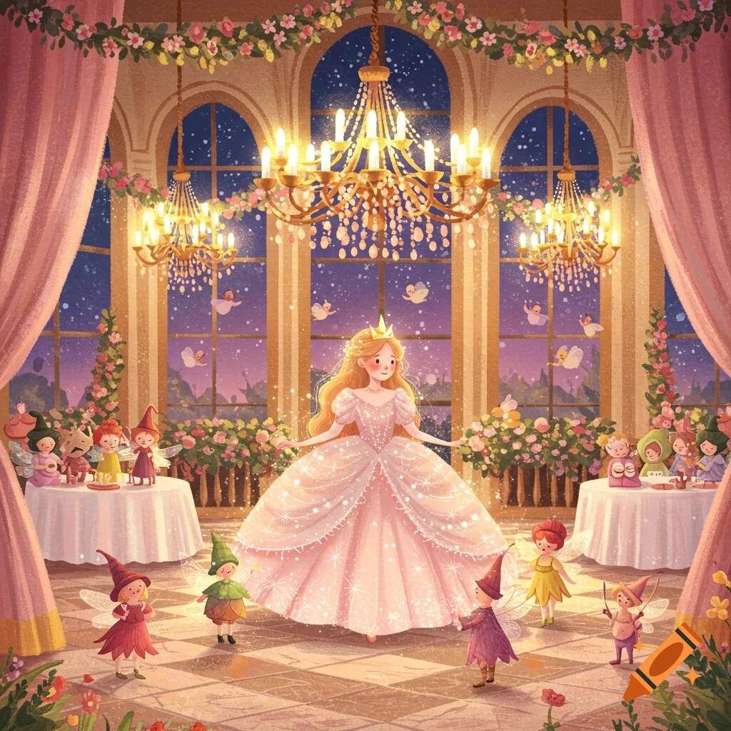 Whimsical illustration of a sparkling princess in a grand ballroom surrounded by cute fairies and chandeliers under a starry night.
