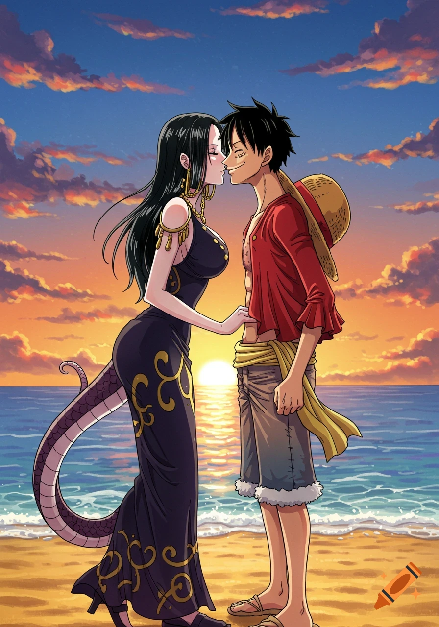 Anime characters Boa Hancock and Monkey D. Luffy lean in for a kiss on a beach at sunset.