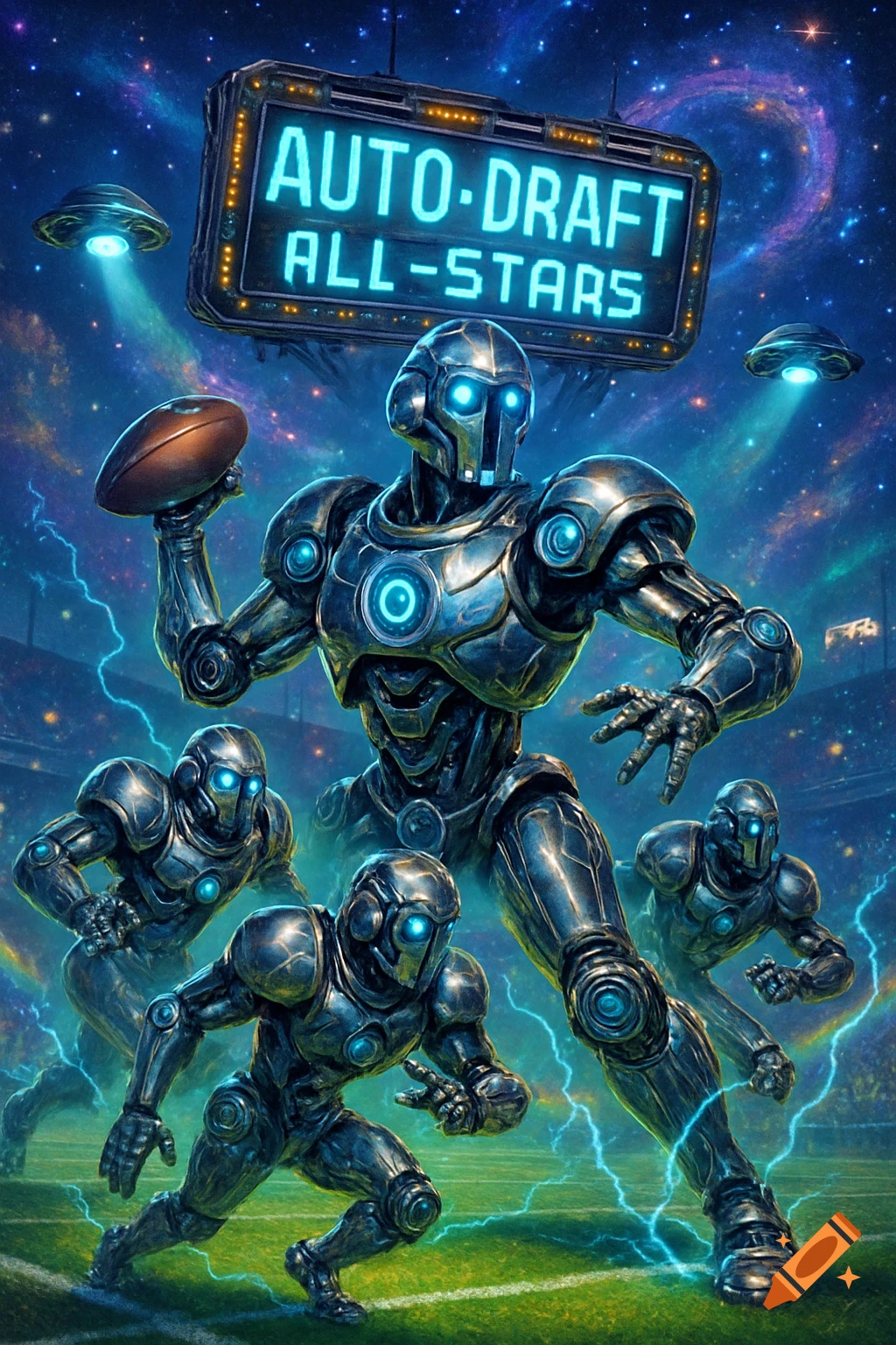 Metallic robots playing fantasy football on a field under a neon sign that says "AUTO-DRAFT ALL-STARS", with UFOs and a starry galaxy background.