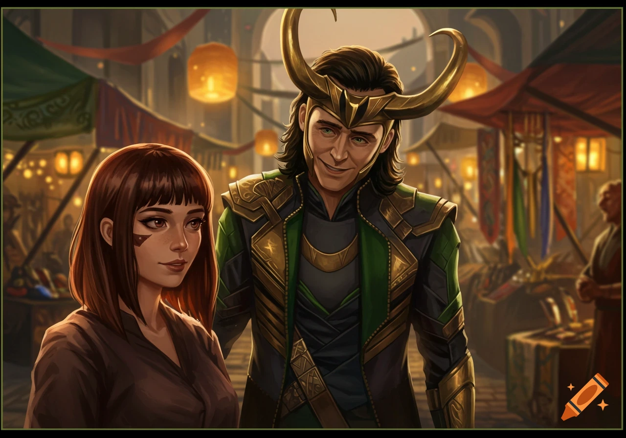 Loki, in his green and gold armor and horned helmet, smiles next to a brown-haired woman in a bustling fantasy market, digital art.