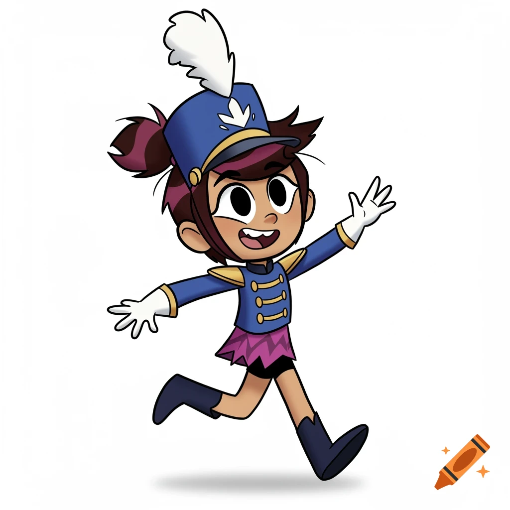 A cheerful cartoon girl in a blue marching band uniform with a feathered shako and purple skirt runs with open arms.