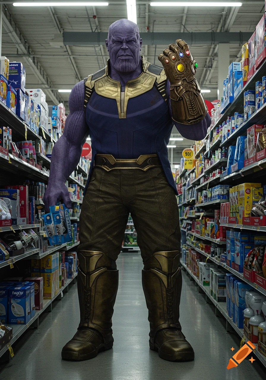 Thanos, a large purple alien in golden and blue armor with the Infinity Gauntlet, stands in a supermarket aisle holding blue product boxes. Photorealistic style.