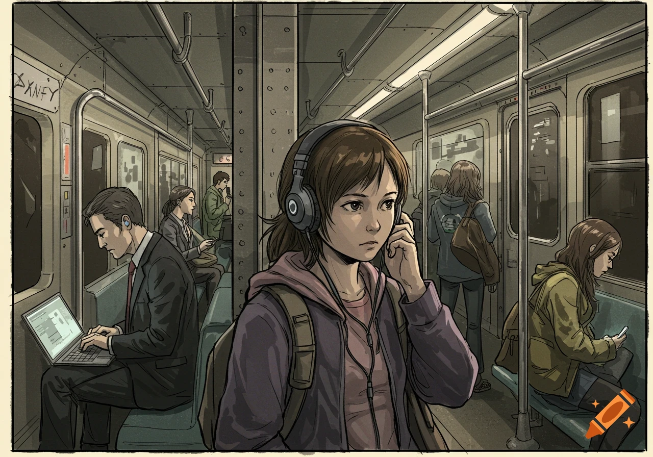 A comic book illustration of a thoughtful girl with headphones on a subway, surrounded by other passengers.