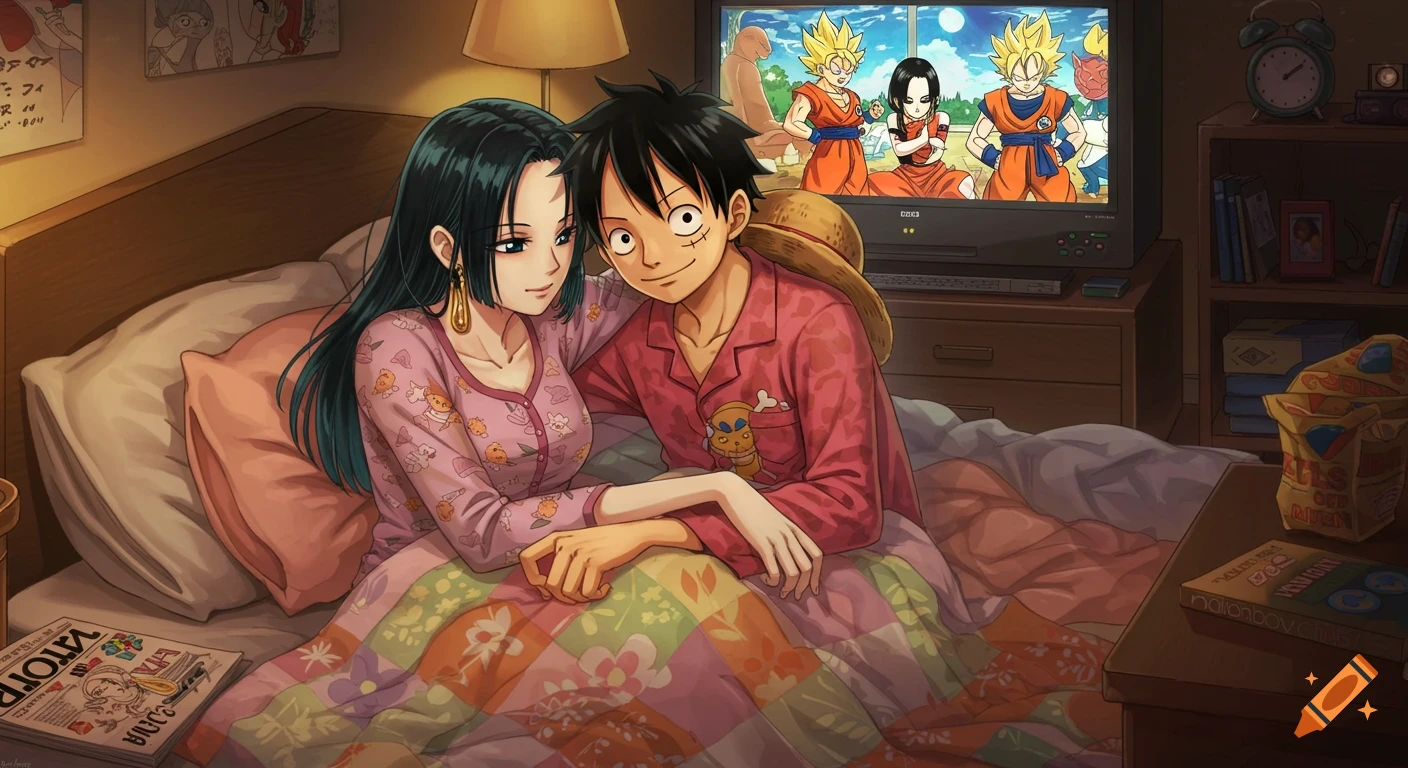 Luffy and Boa Hancock in pajamas cuddle in bed watching Dragon Ball on TV, in a warm, cozy anime style bedroom.