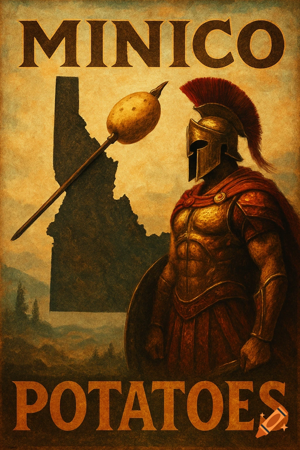 Vintage poster of a Spartan warrior beside an Idaho map, a potato on a spear, and 'MINICO POTATOES' text.