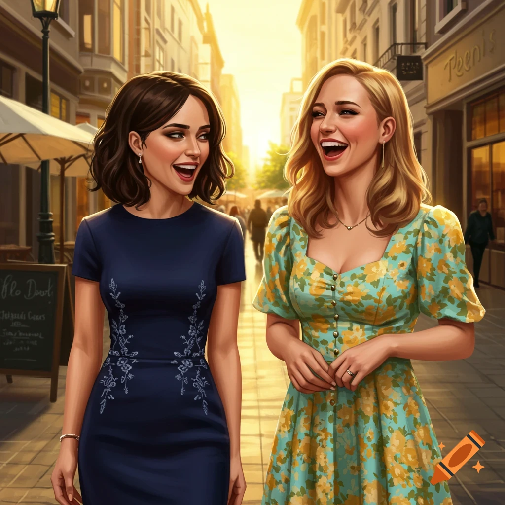 Two women laughing and walking down a sunlit city street in a digital art style.