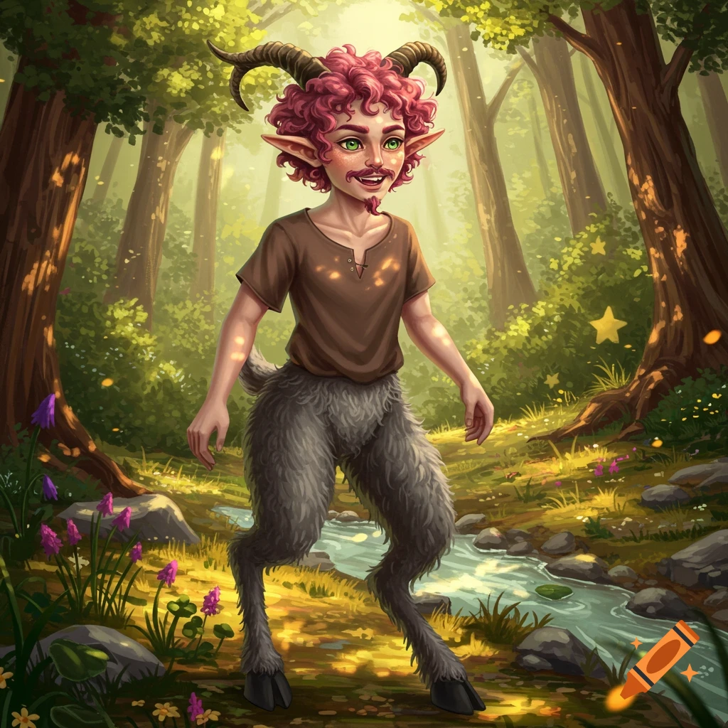 A vibrant illustration of a satyr with pink curly hair, green eyes, and goat legs, wearing a brown shirt, standing in a sunny forest beside a stream.
