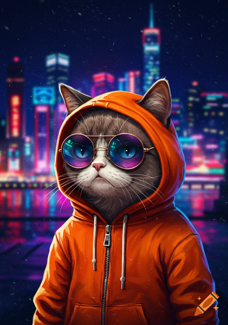 Grumpy cat in an orange hoodie and blue sunglasses against a neon cyberpunk city night.
