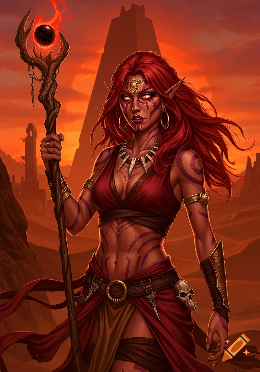 A stylized portrait of a red-haired half-elf sorceress with tribal tattoos, holding a glowing staff in a desert with a ziggurat.