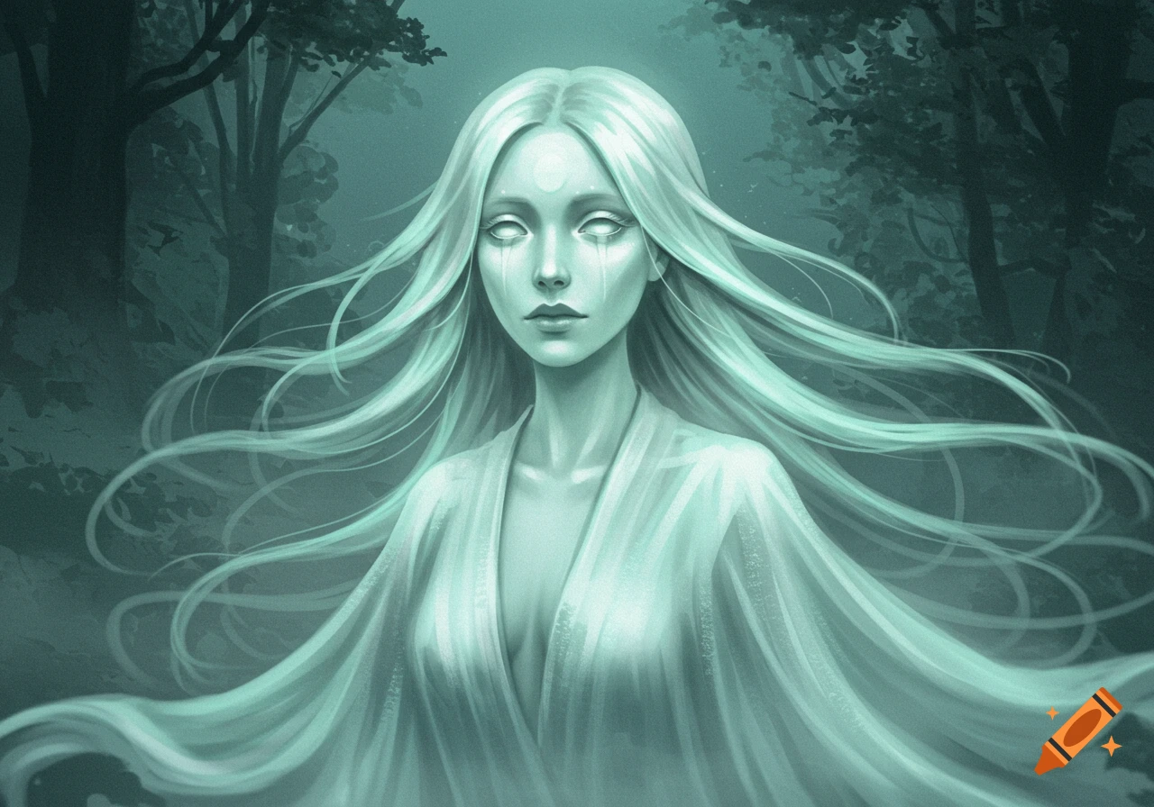 A pale, ethereal ghost girl with long white hair and white eyes floats in a misty forest, rendered in a fantasy illustration style.