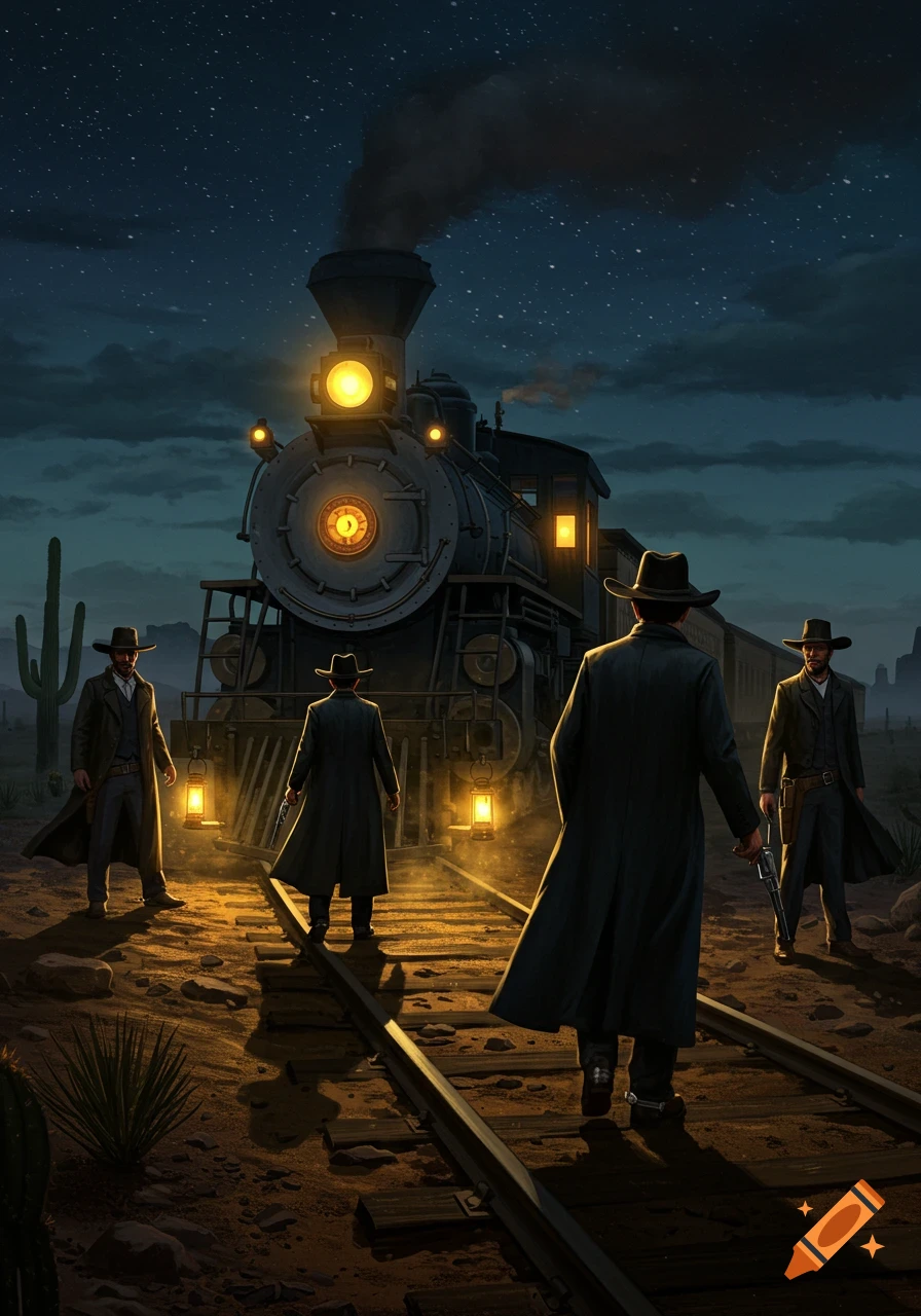 Four cowboys on train tracks at night with a glowing steam train and lanterns in a desert under a starry sky.
