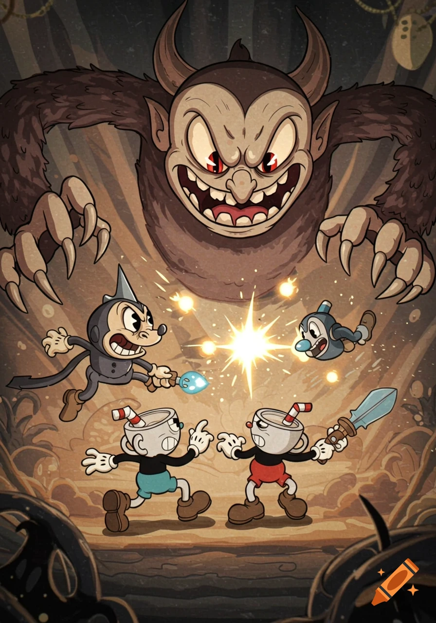Cuphead, Mugman, and allies confront a large, horned devil in a vintage cartoon video game boss battle scene.