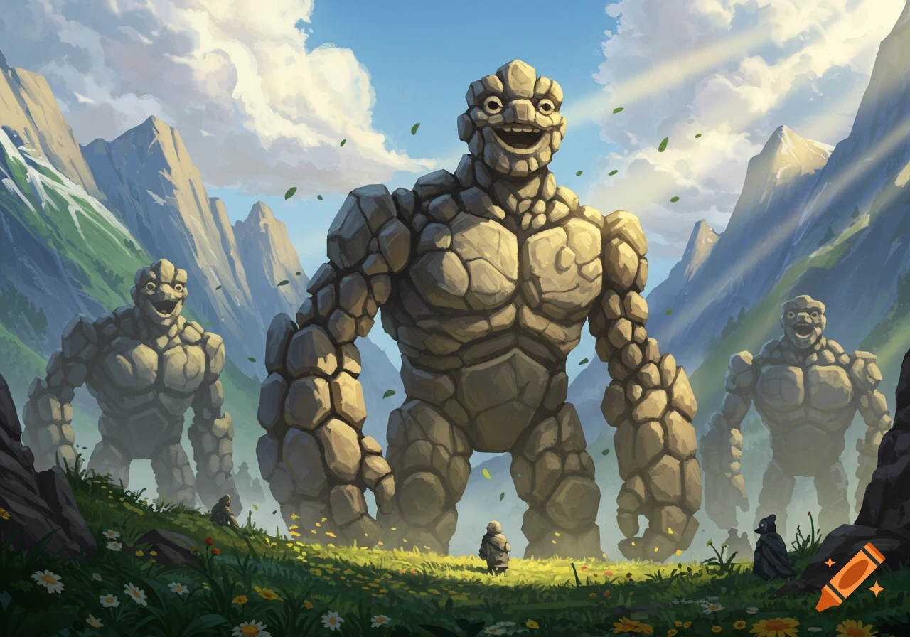 Giant smiling rock monsters stand in a lush mountain valley with small figures below them, rendered in a fantasy art style.