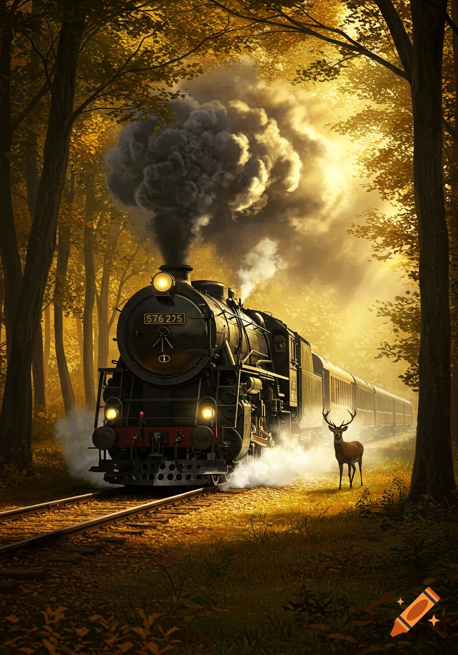 A detailed steam train with smoke billowing, traveling through a golden autumn forest. A deer stands beside the tracks in the foreground.