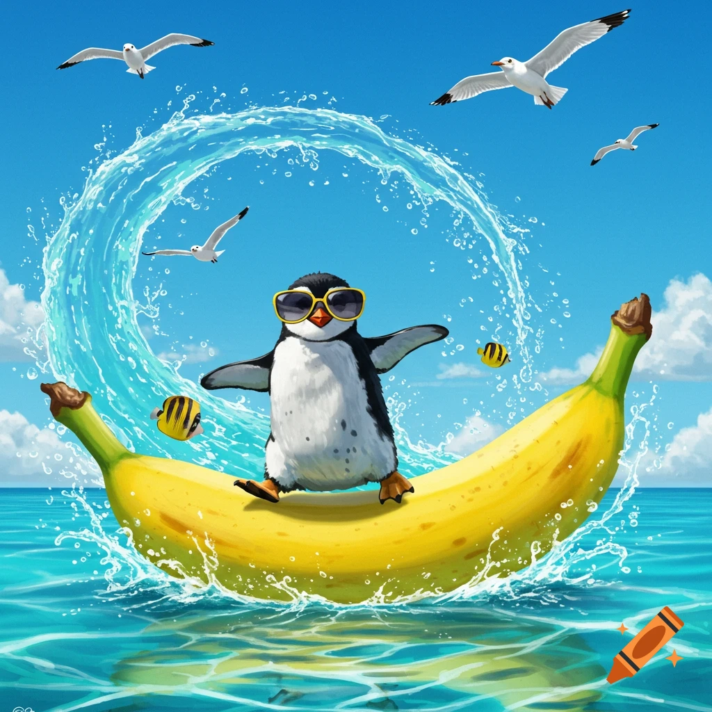 A cartoon penguin wearing sunglasses surfs a banana in the ocean, with seagulls flying under a blue sky.