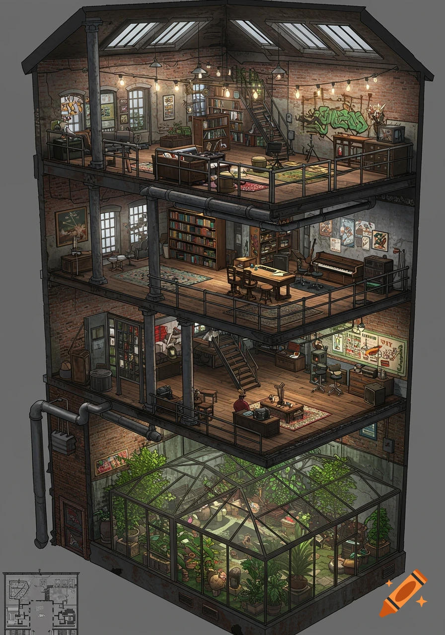 A detailed cross-section illustration of a 4-story industrial-style building with multiple rooms and a ground floor greenhouse.