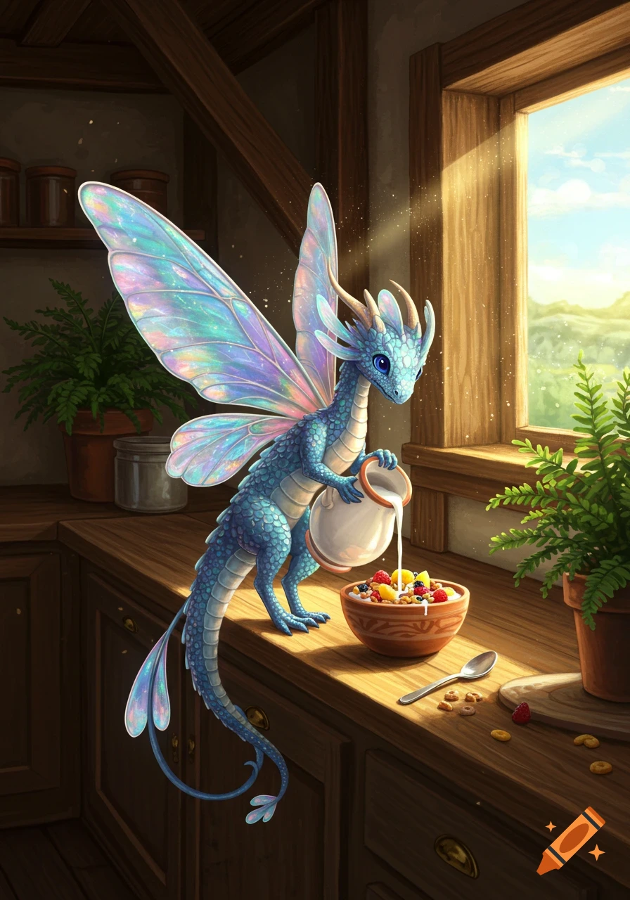 A charming blue faerie dragon with iridescent wings pours milk into a cereal bowl on a sunlit wooden kitchen counter.