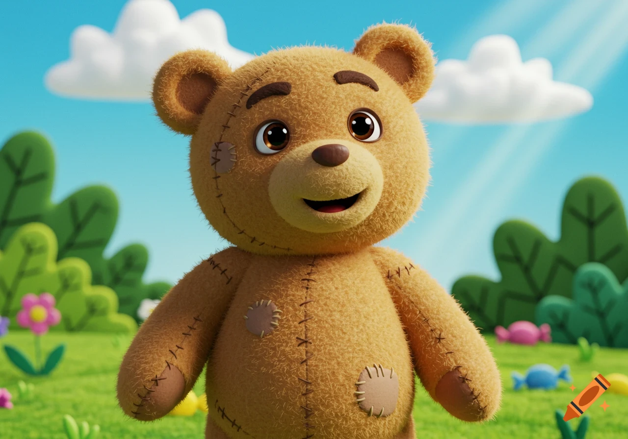 A fluffy brown cartoon teddy bear with stitches and patches smiles in a bright green field under a blue sky with white clouds.