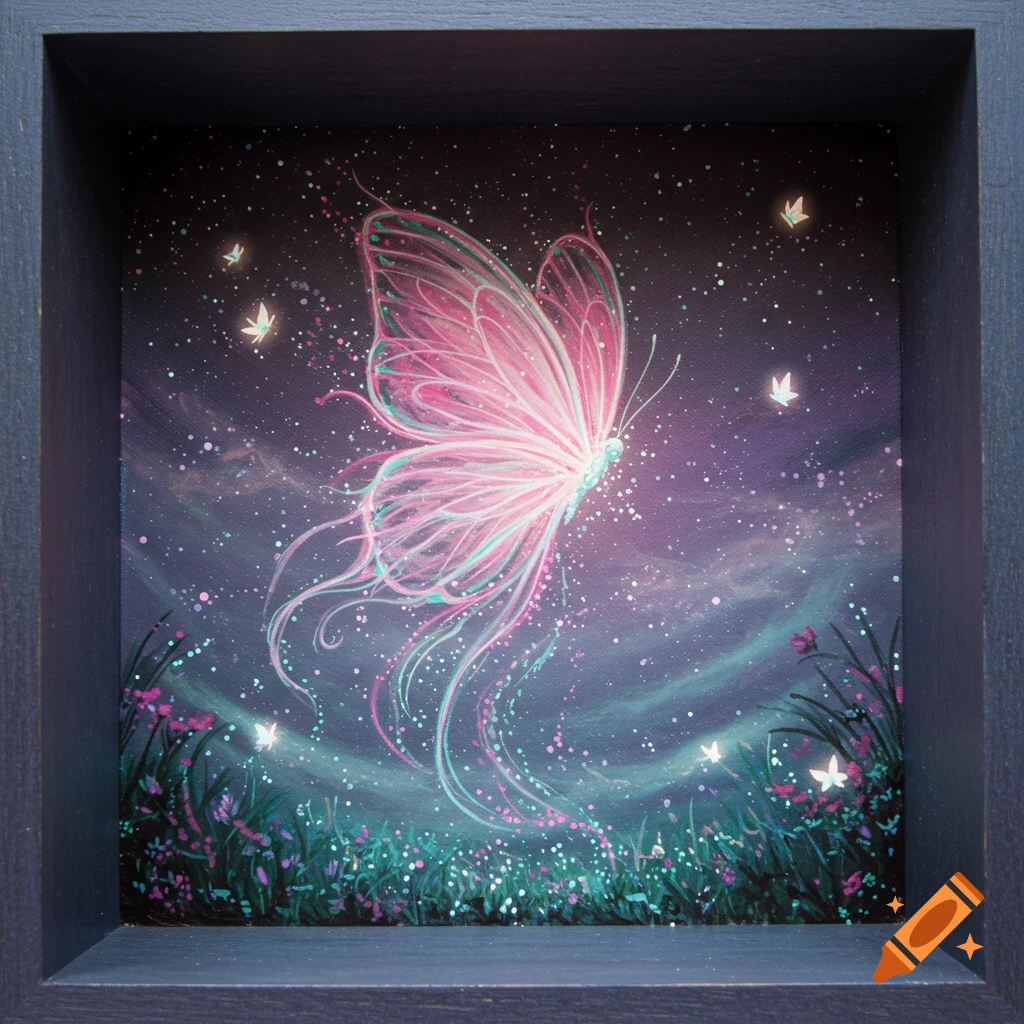 A magical painting of a glowing pink, purple, and teal butterfly with light trails, flying over a field of glowing flowers under a starry night sky, framed in wood.