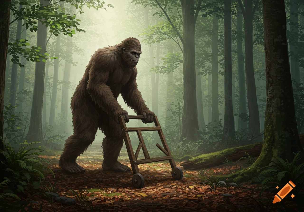 A bigfoot walks through a misty forest using a wooden walker, with fallen leaves on the ground.