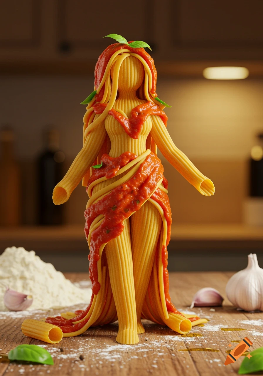 3D-rendered female figure made of rigatoni pasta, with tomato sauce and basil for hair, on a kitchen counter with flour and garlic.